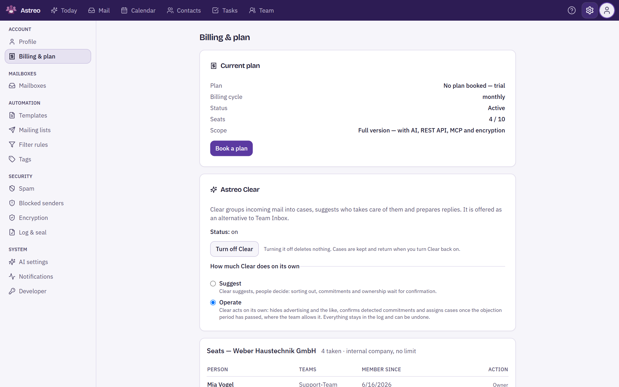Billing and plan page with the cards Current plan, Astreo Clear and Seats