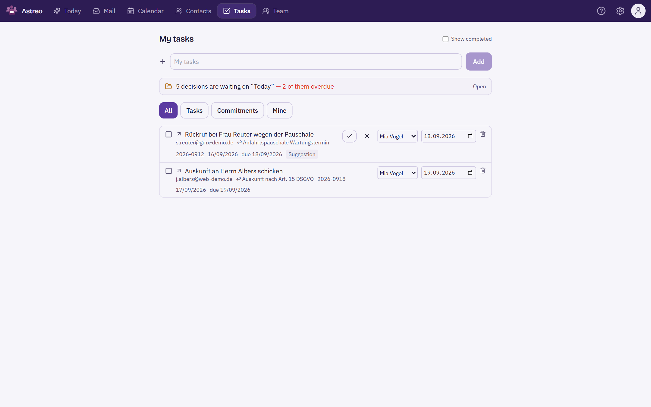 Tasks area with the filters All, Tasks, Commitments and Mine, a task linked to a case, assignee and due date