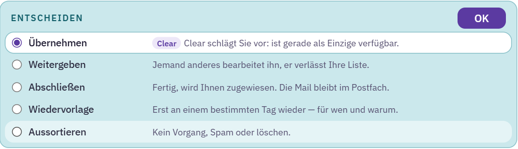 Kasten Entscheiden mit den Zeilen Übernehmen, Weitergeben, Abschließen, Wiedervorlage und Aussortieren