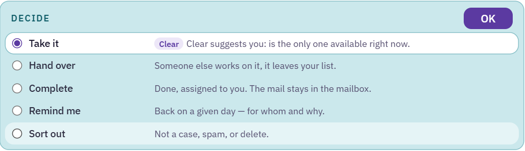 Decide box with the rows Take it, Hand over, Complete, Remind me and Sort out