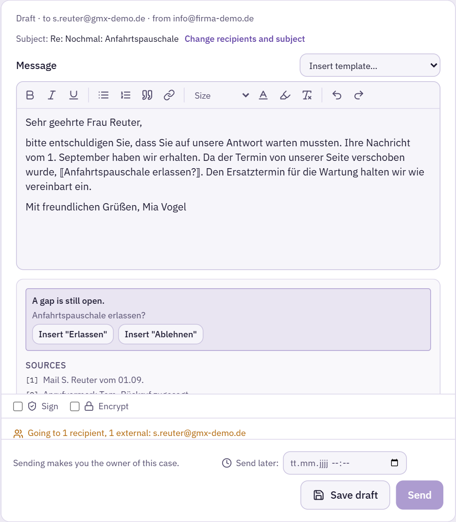 Reply field with draft, a marked gap, Insert buttons for the options, sources and a locked Send button