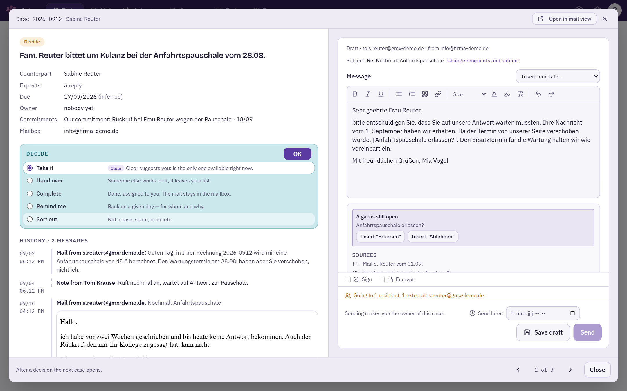 Case window: key facts, Decide and History on the left, the draft in the reply field on the right