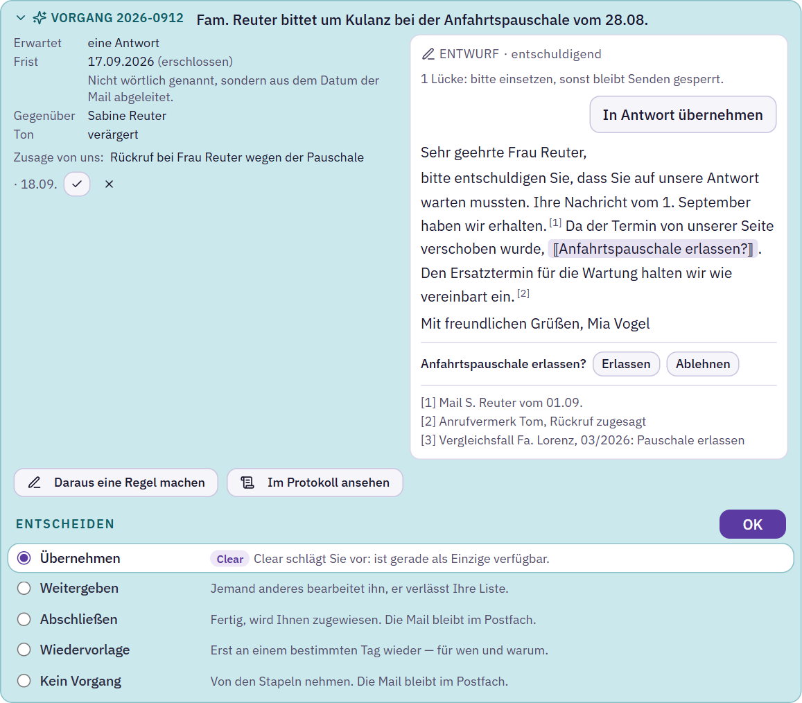 Box in der Mailansicht mit Eckdaten, Entwurf mit Belegen und Entscheiden