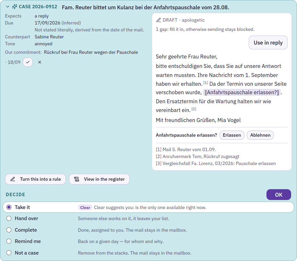 Box in the mail view with key facts, draft with sources and Decide