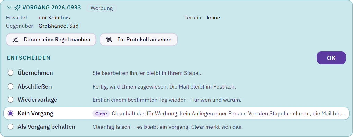 Box einer Werbemail mit vorausgewähltem Kein Vorgang und der Zeile Als Vorgang behalten