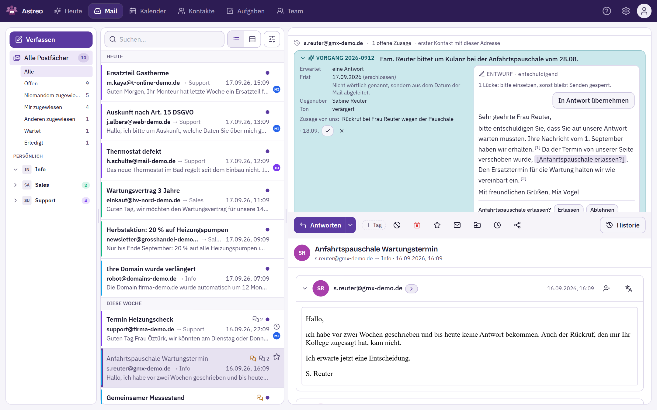 Mailansicht mit Liste links, oben der Vorgang mit Entwurf, darunter die Mail