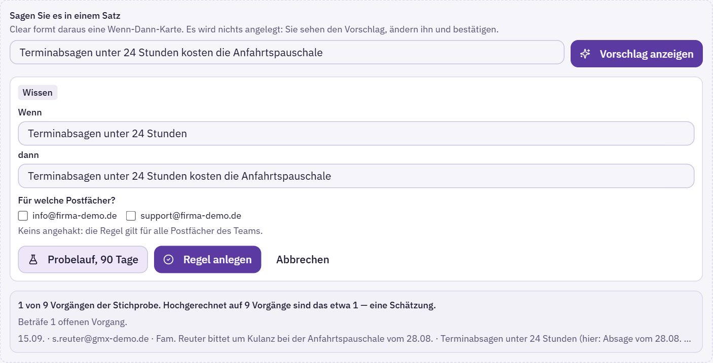 Regel aus einem Satz: eingegebener Satz, daraus geformte Wenn-Dann-Karte und das Ergebnis des Probelaufs