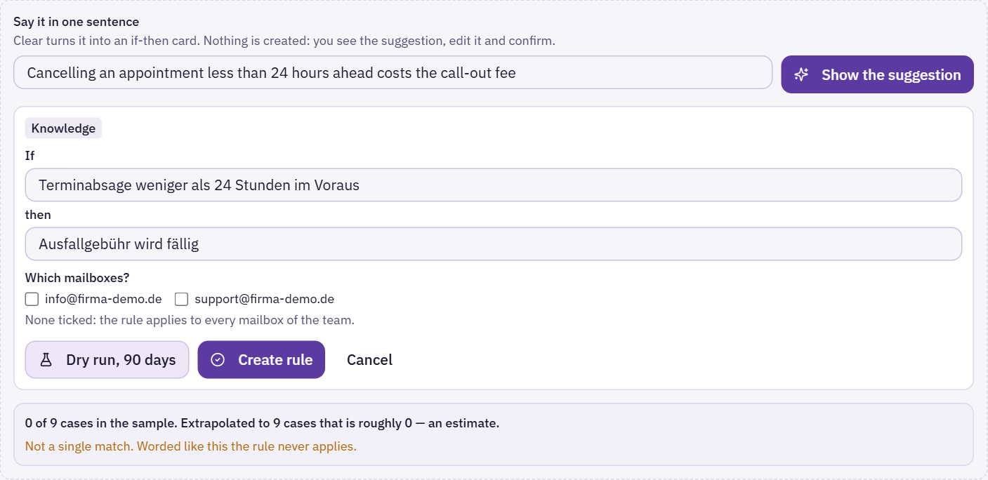 Rule from a sentence: the sentence entered, the if-then card formed from it and the dry run result