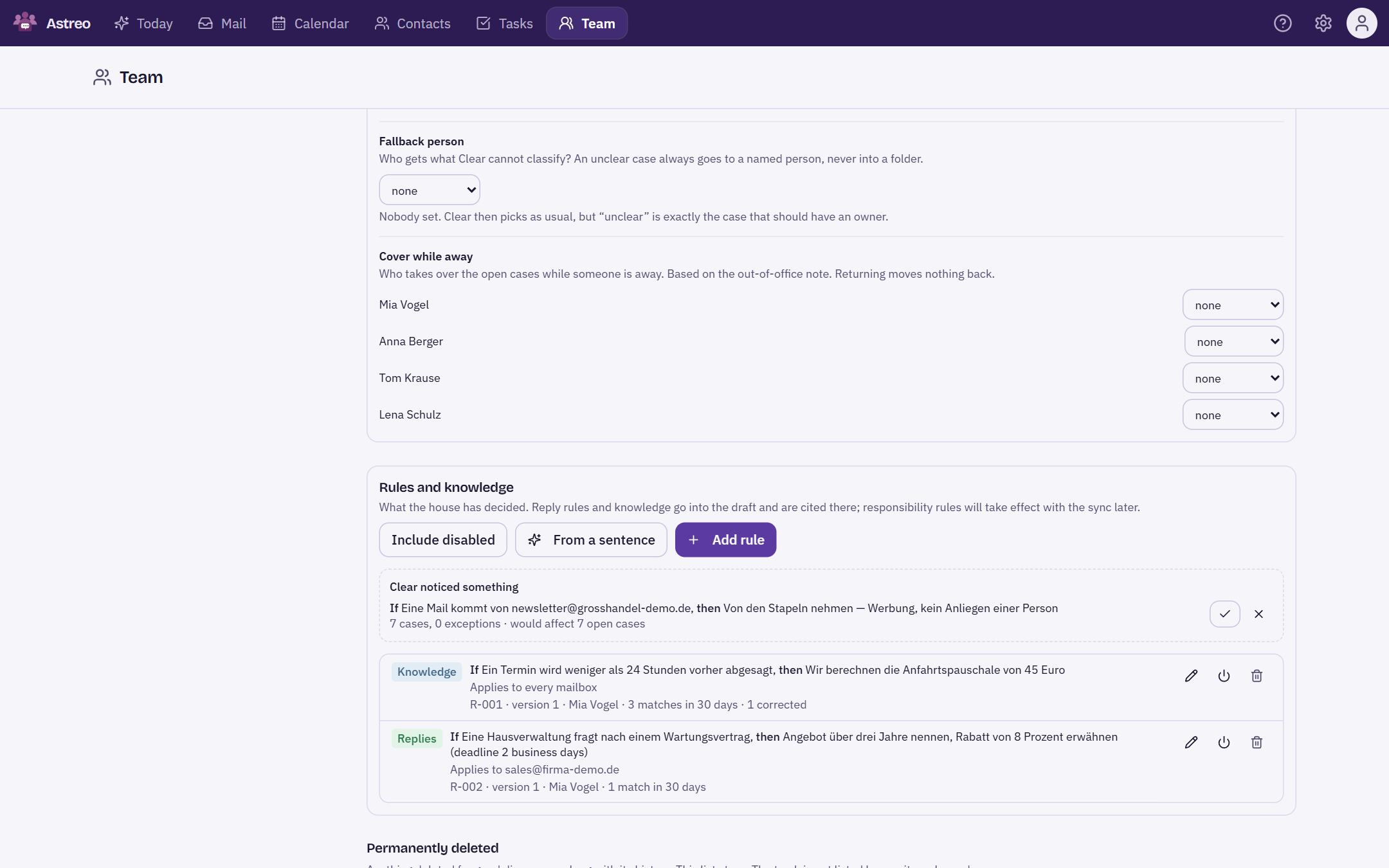 Team area with fallback person, cover per member and the Rules and knowledge section