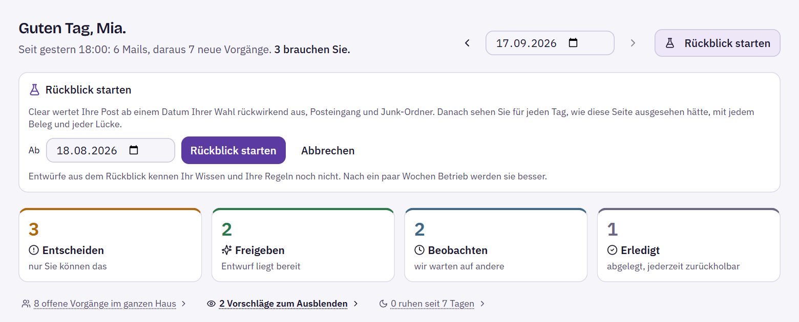 Heute-Seite mit geöffnetem Bereich Rückblick starten und Datumsfeld