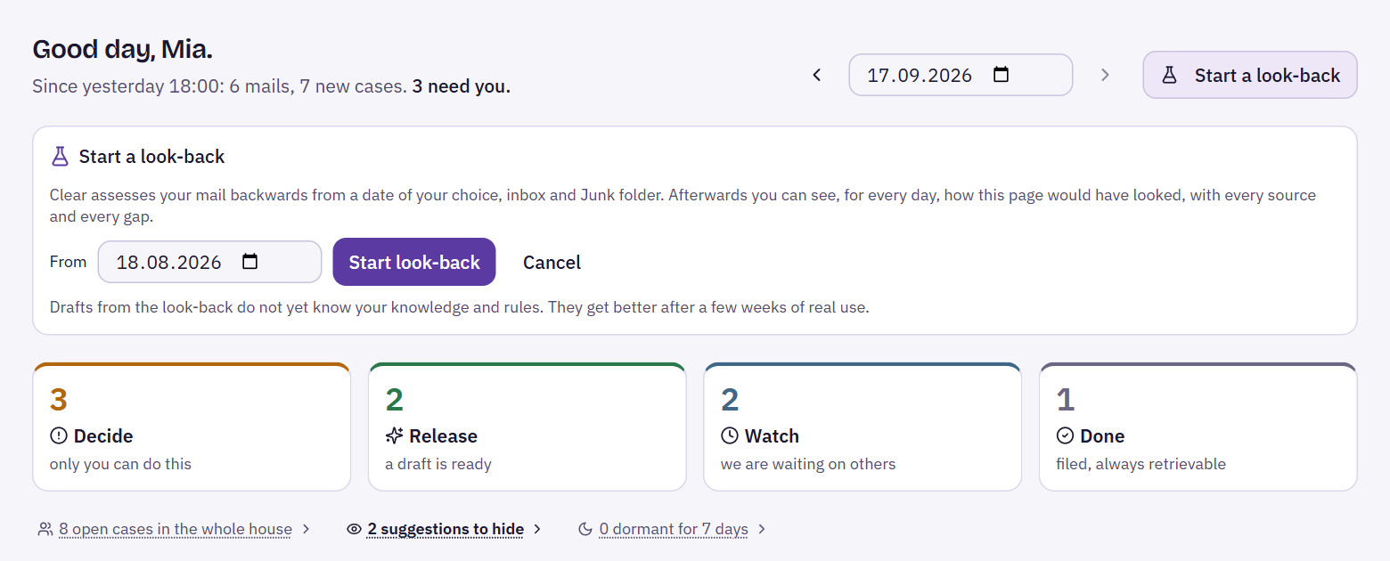 Today page with the Start a look-back section open and a date field