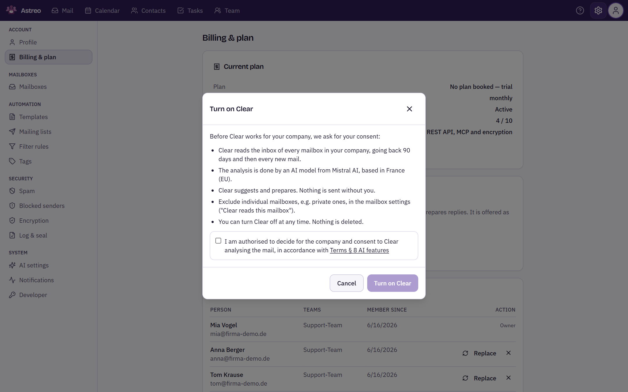 Astreo Clear card under Billing and plan with the consent dialog