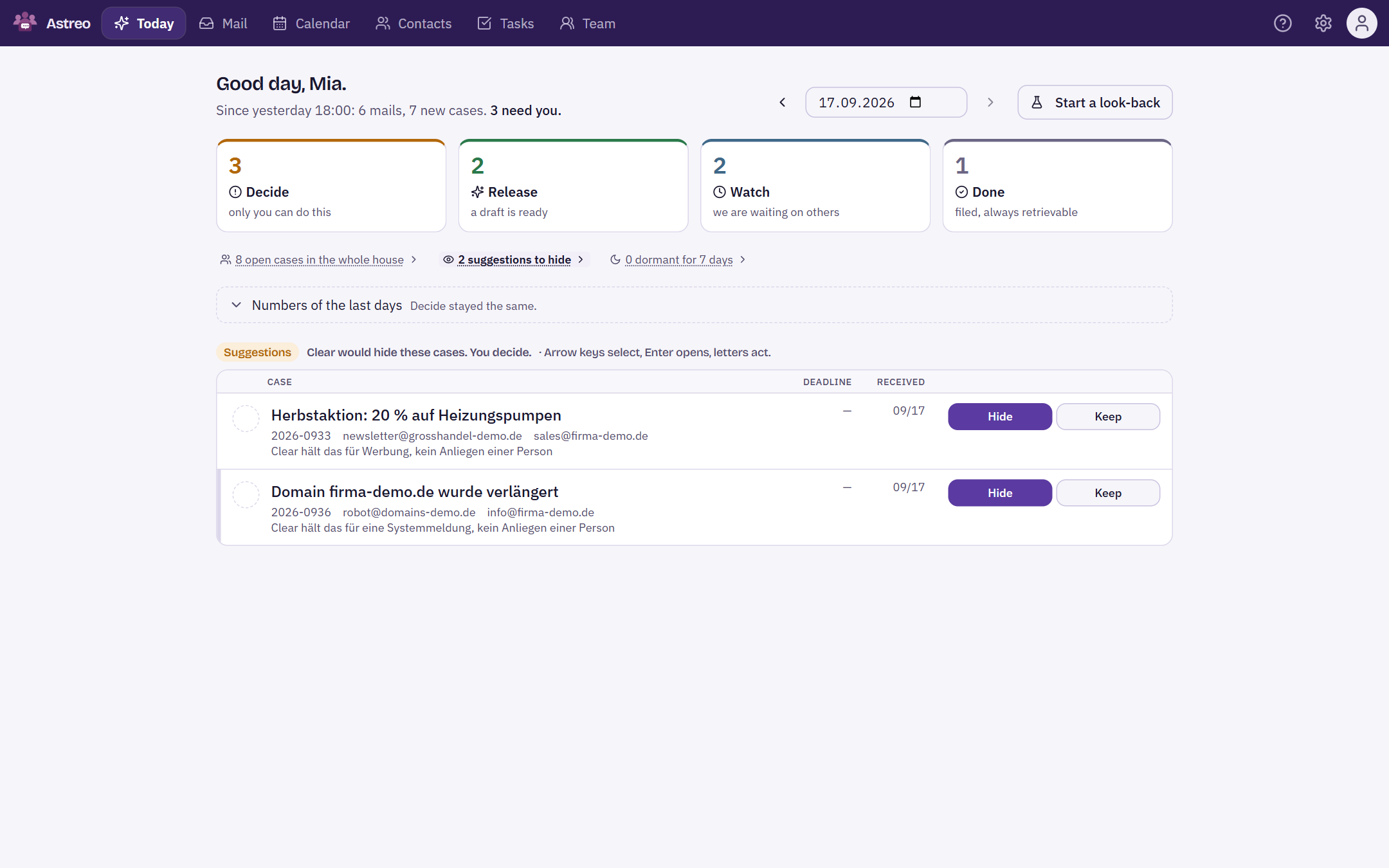 Suggestions list with advertising and a system notification, each with Hide and Keep buttons