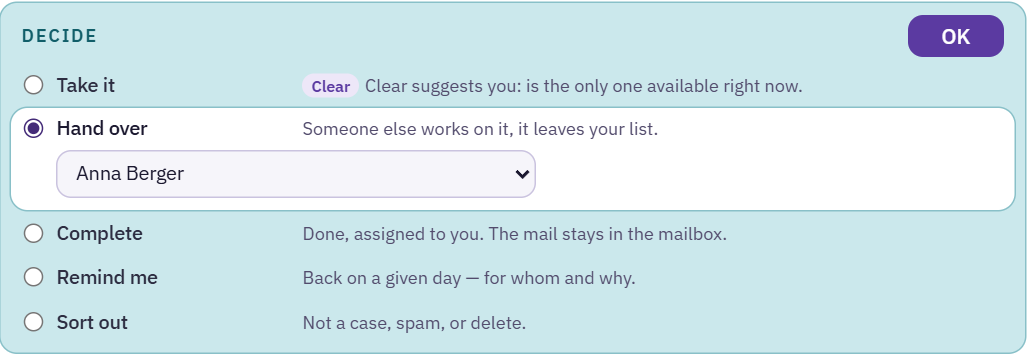 Decide with Hand over selected and a person picker