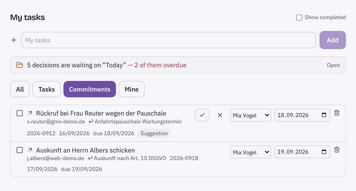 Tasks area with the Commitments filter, a confirmed commitment and a suggestion with the buttons Confirm as a commitment and Not a commitment