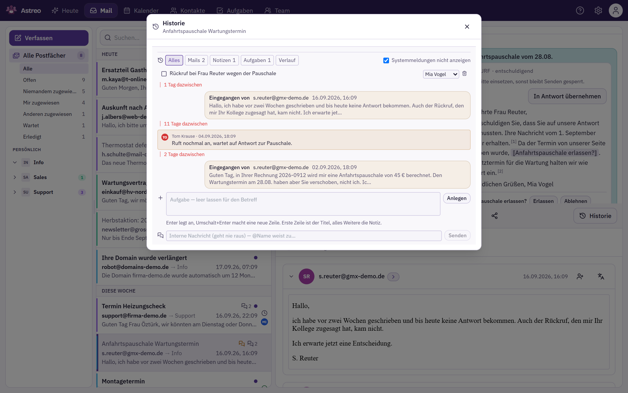 Historie-Fenster mit Filterpillen, Chat-Nachrichten, Wartezeiten und eingegangener Mail