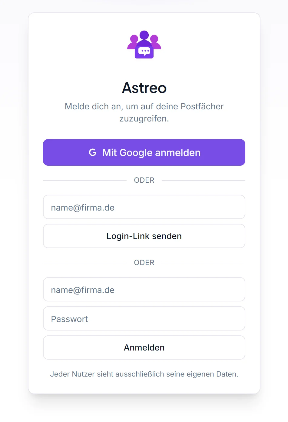 Astreo-Anmeldebildschirm mit Google-Login und Login-Link
