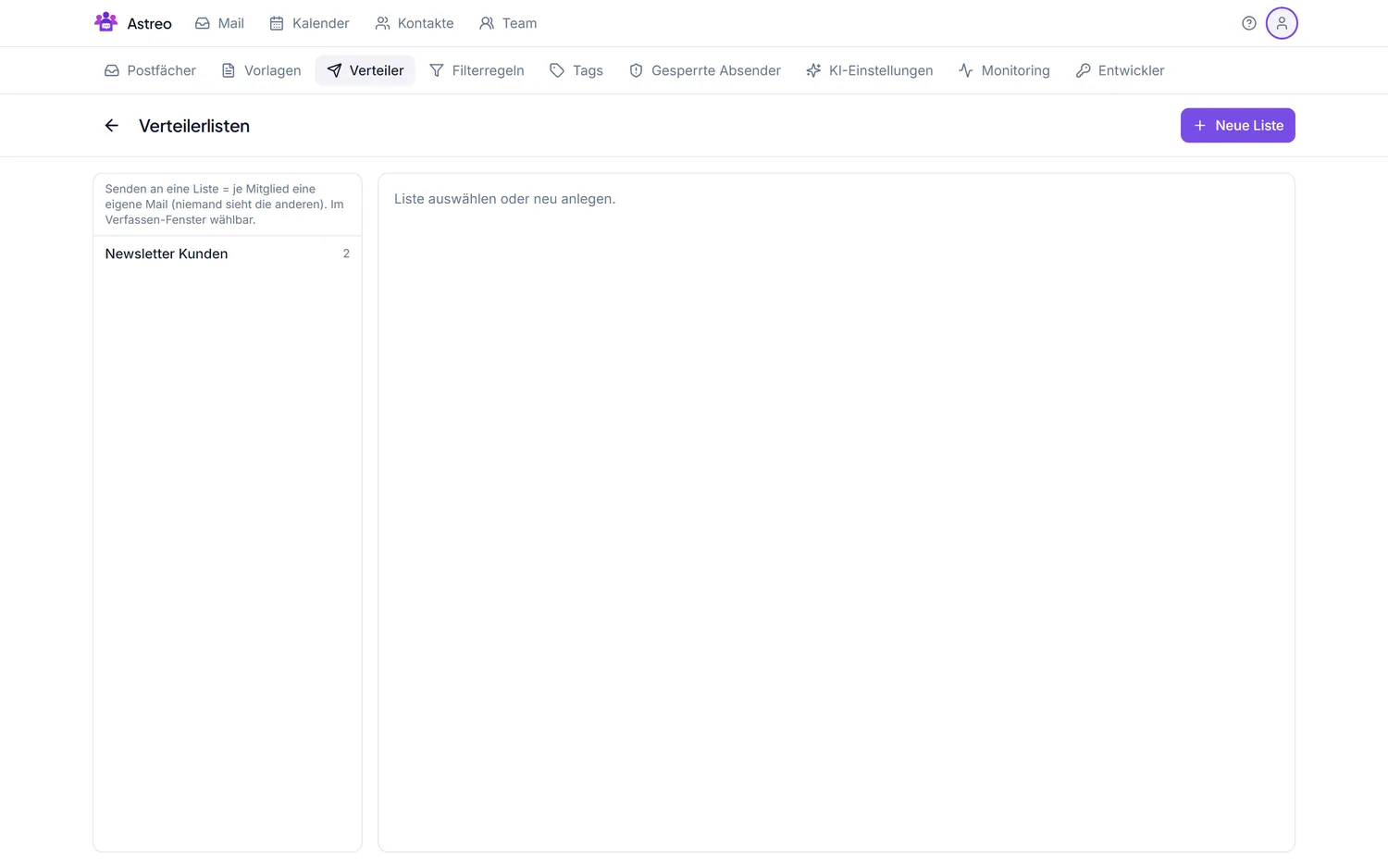 Einstellungen → Verteiler: Verteilerlisten und ihre Mitglieder