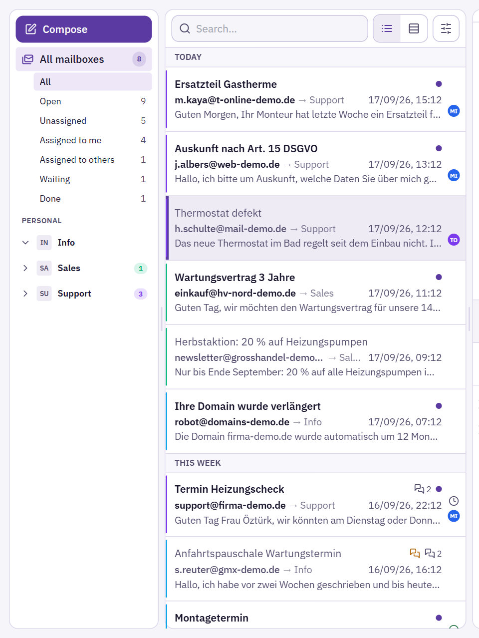 Mail view with the views under each mailbox, counters, state icons and coloured owner initials in the list