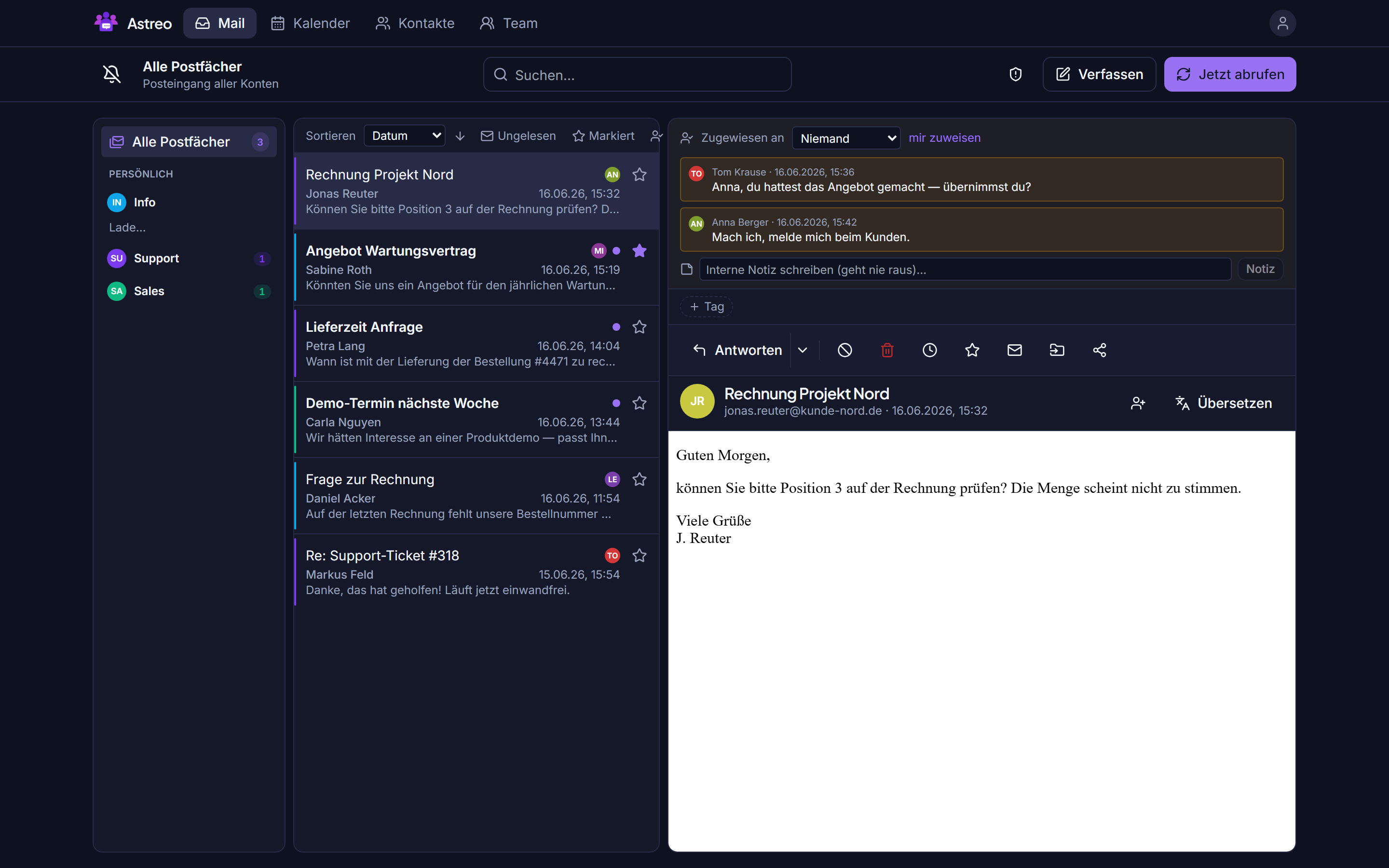 Astreo Team-Inbox im dunklen Theme